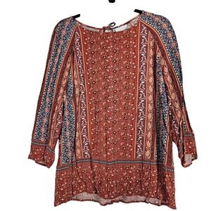 J. Jill Top Women's L Rayon Rustic Geometric Print 3/4 Sleeve Pullover Office